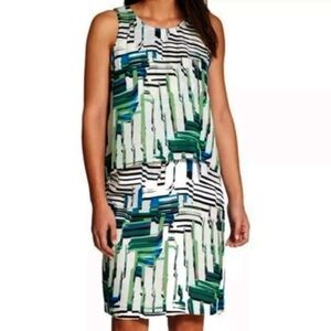 Classiques Entier 100% Silk Water Lines Sleeveless Dress Overlay Ivory Teal 10
